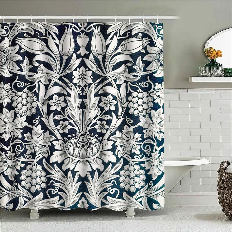 Vintage Floral Shower Curtain with Soft Waterfall Effect for Bathroom Decor Navy White Elegant Print, Durable Waterproof Fabri