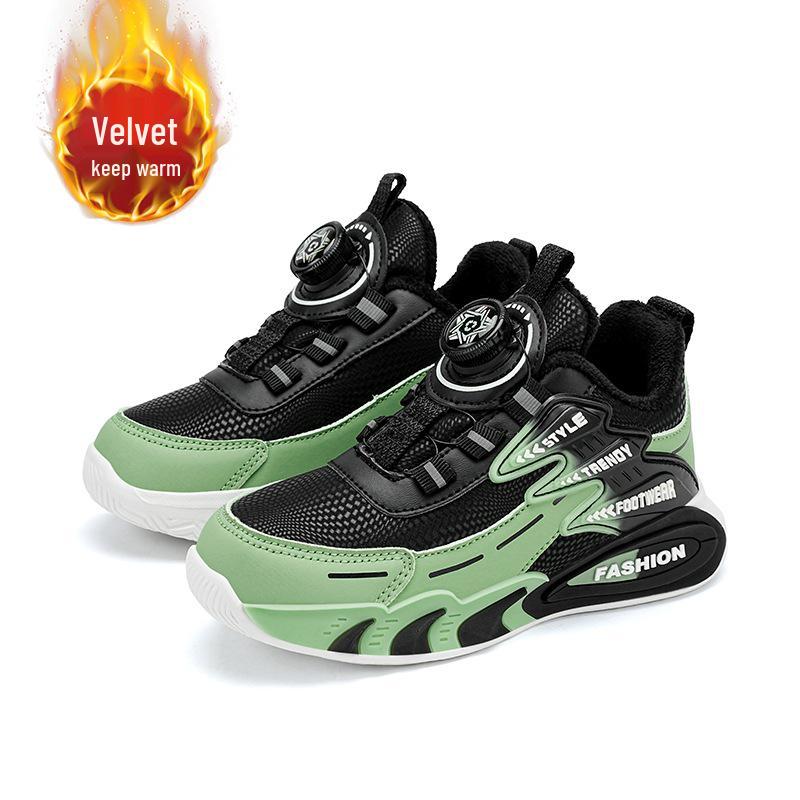 Boys' 2025 Autumn/Winter Sports Shoes with Rotating Button, Double-Layered Cotton, Plus Velvet Warmth for Medium and Large Children.