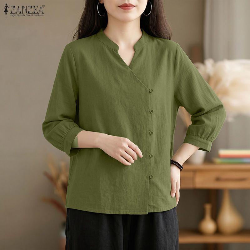 ZANZEA Women Casual V-neck Solid Color Loose 3/4 Sleeve Blouse