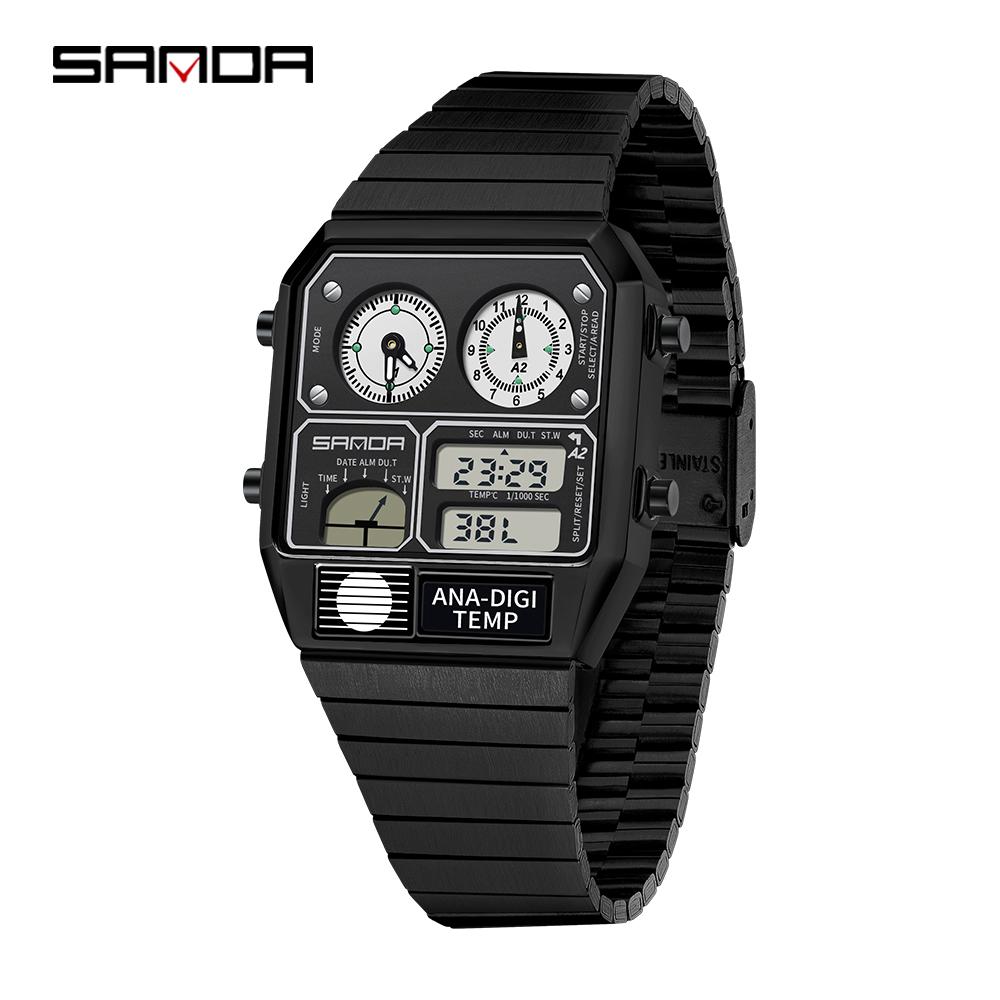 SANDA Electronic Watch Men Square Steel Band Digital Wristwatch Temperature Measurement Stopwatch Timing Multifunctional Watch
