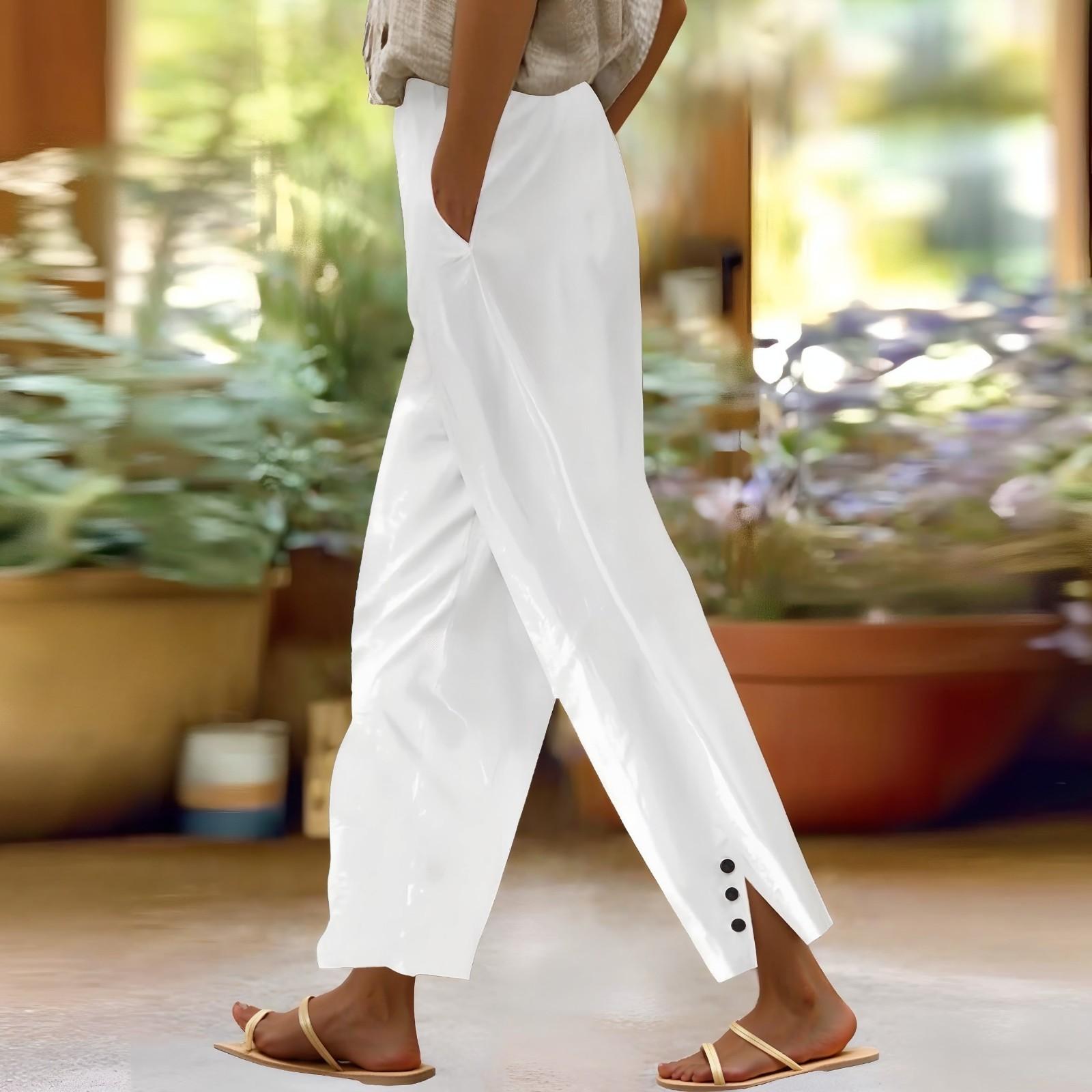 

Жіночі Модні Повсякденні Штани Однотонні Прямі Штани Штани на Еластичній Талії з Кишенями XXL білий