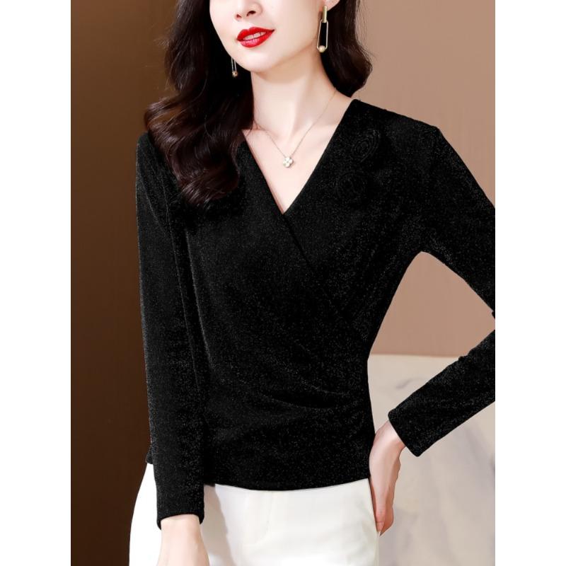 New V-neck Mesh Slim Body Jacket for Women with Versatile Age Reduction Base Shirt Fashionable Flower Shirt