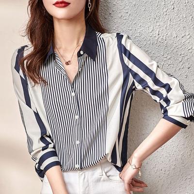 Mode Alles-passende Gestreepte Overhemden Dameskleding Lente Nieuw Kantoor Dame Pendelaar Casual Revers Lange Mouw Knoopblouse