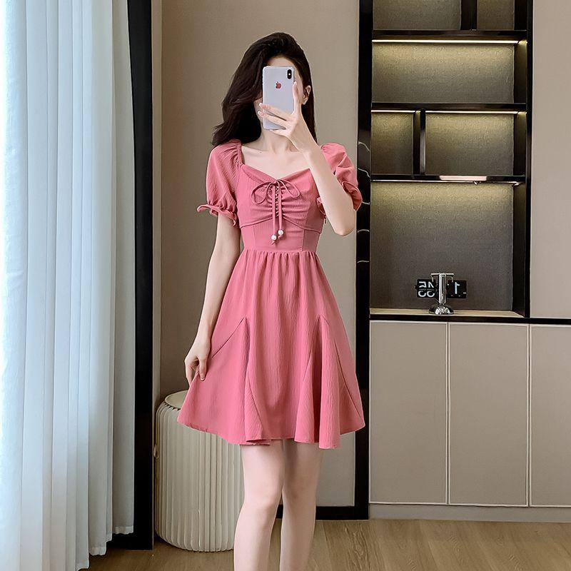 2025 French Chic Puff Sleeve Petite Slimming Short Dress with Cinched Waist S Under 95 lbs розы красного