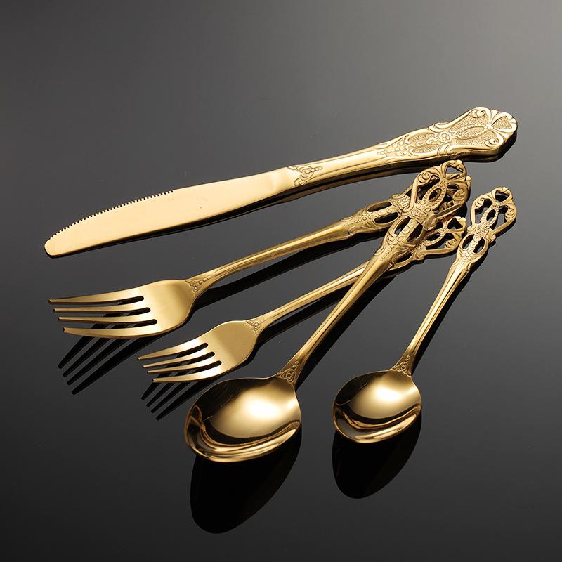 Stainless steel Royal Court series Western food knife, fork and spoon Hollow handle Golden gift 5-piece set Main meal spoon