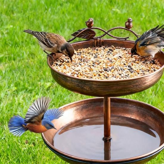 2 w 1 Metalowe Retro Karmidło dla Ptaków Kąpielisko Ogrodowe Karmnik z Pięcioramienną Podstawą Duża i Mała Miska do Dekoracji Ogrodu, Podwórka