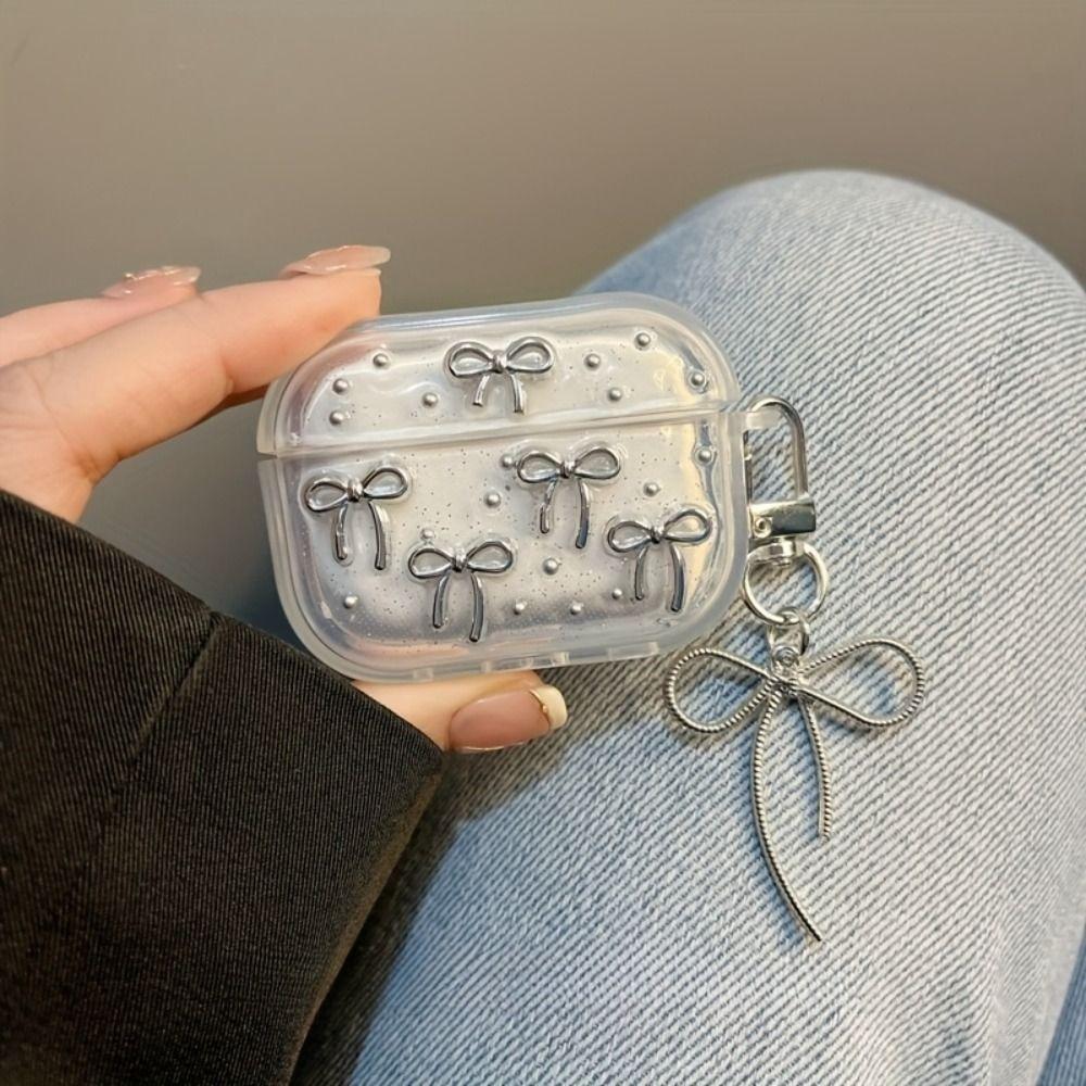 

Серебристый чехол для наушников с бантом и подвеской, мягкий чехол для Airpods 4/3/2/1/pro2/pro For Airpods 4 чистый