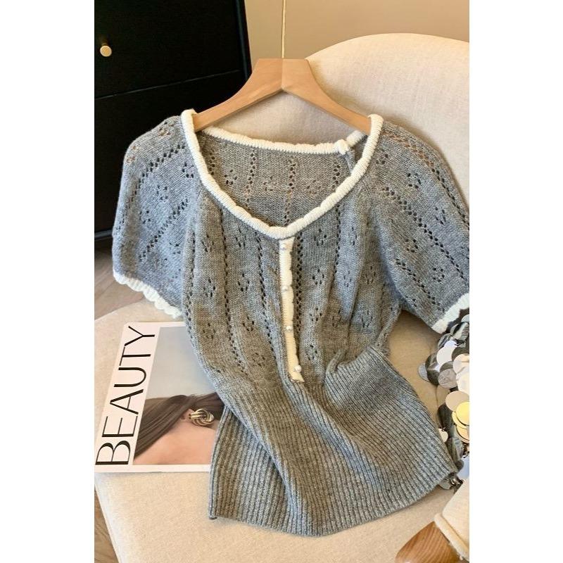 Women s Grey Hollow Knit U-Neck Contrast Trim Short Sleeve Form Fitted Casual T-Shirt OneSize серый