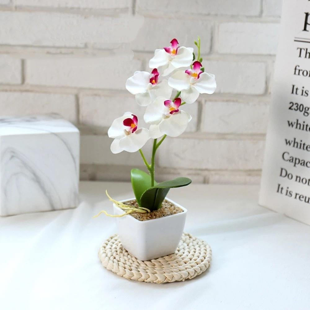 White Flower Pot Artificial Orchid Bonsai Multi-Bloom Plastic Fake Flower  Home Decor