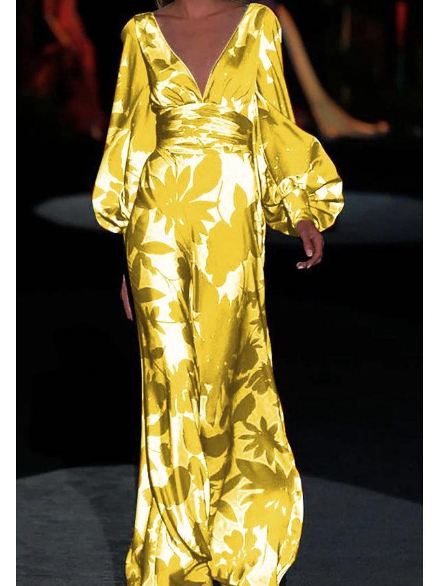 

2025 Европейское и Американское Женское Приталенное Платье с Рукавами-Фонариками, V-образным Вырезом и Принтом M жёлтый