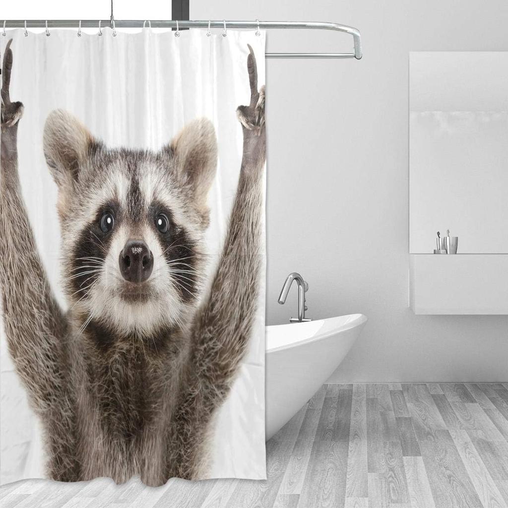Funny raccoon shower curtain, animal themed pattern printed durable waterproof shower curtain bathroom decoration, 12 hooks