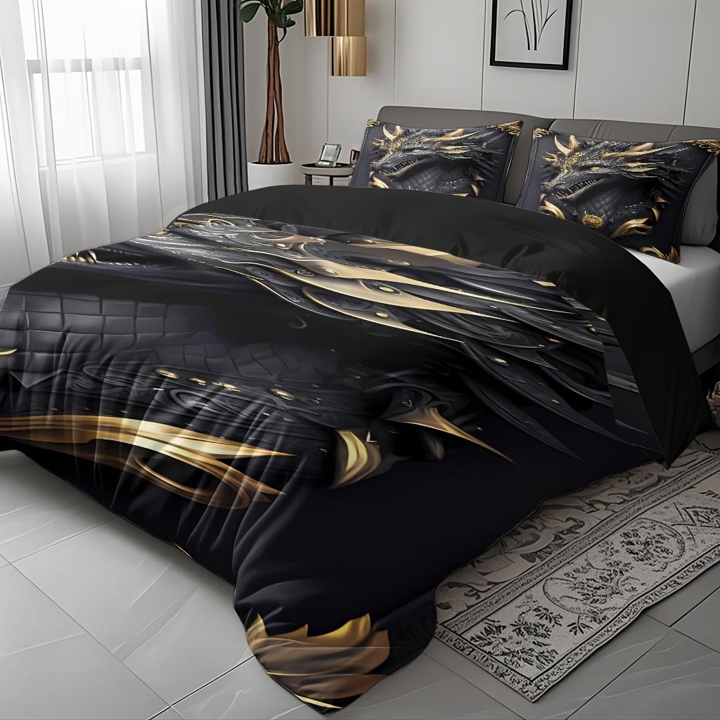 3Pcs Dragon Theme Comforter Set, Majestic Black Golden HD Digital Print, 100% Polyester Breathable Bedding with Pillowcases