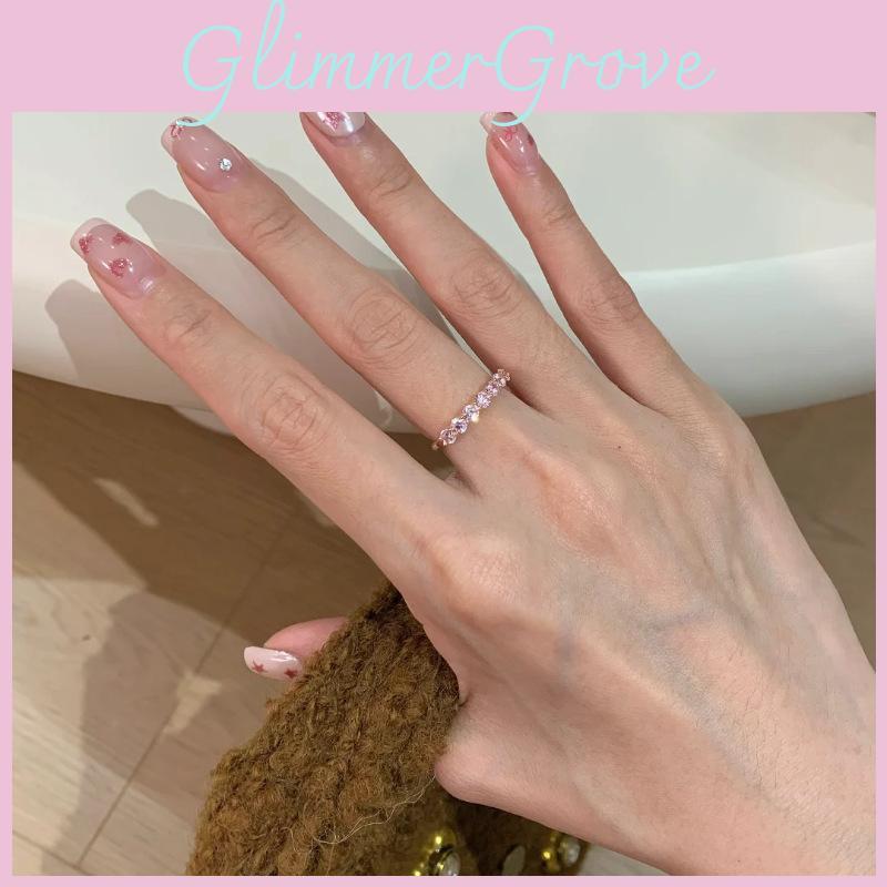 Stylish Sakura Pink Half Circle Zirconia Ring For Women Adjustable Copper Geometry