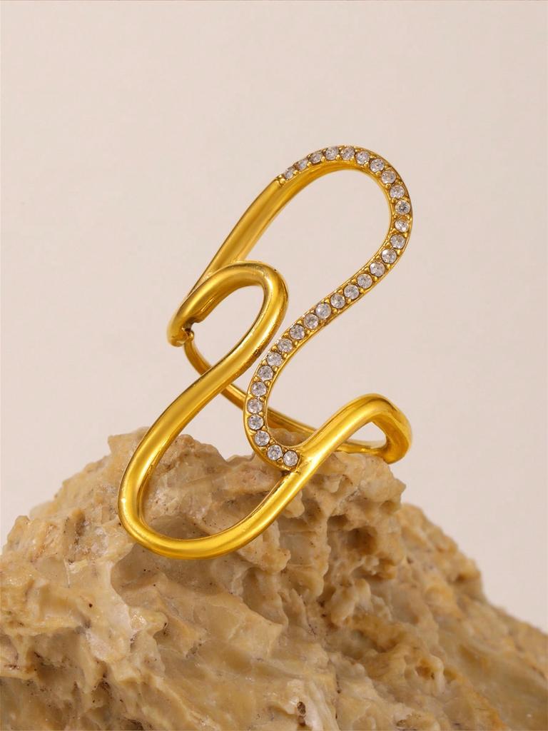 1 Fashion Niche High-end Exaggerated Stainless Steel 18K Gold Plated S-Wire Diamonds Open End Women's Ring