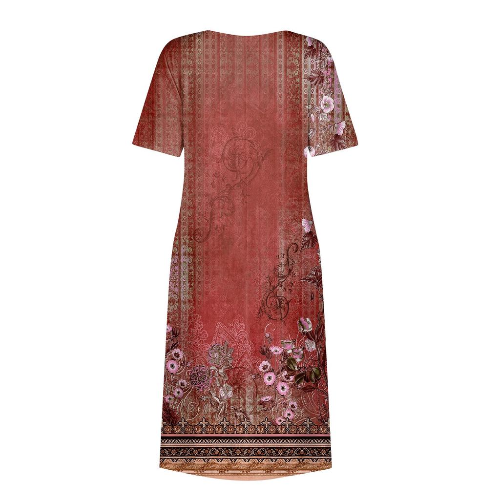 Women's Summer Casual Fashion Printed Short Sleeve Round Neck Pocket Dress