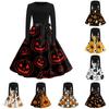 Women's Casual Long Sleeve Fit and Flare Dress Round Neck Halloween Print Full Skirt Midi Dress with Waist Tie for Everyday Wear