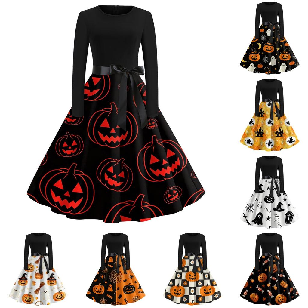 Women's Casual Long Sleeve Fit and Flare Dress Round Neck Halloween Print Full Skirt Midi Dress with Waist Tie for Everyday Wear