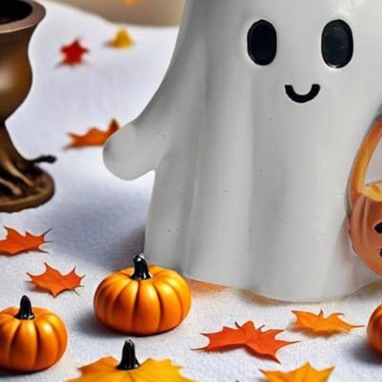 Halloween Ghost Figurine Resin Ghost Ornament Holding A Pumpkin Lantern Glossy Finish Ghost Statue for Home Office Desk Shelf Decor