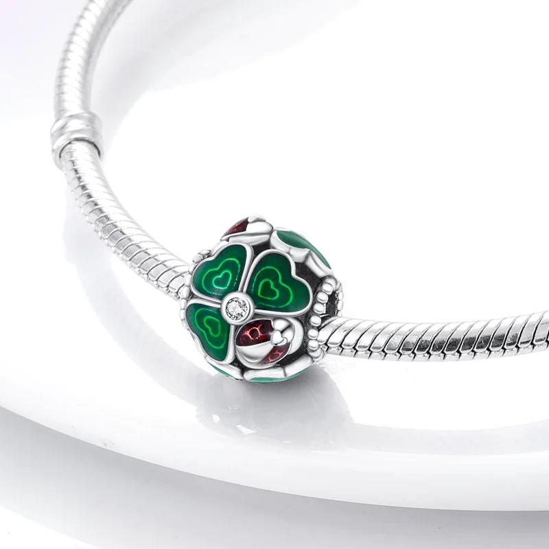 Charms Platahollowed-Out Four-Leaf Clover Ladybug Beads Fit Originalbracelets Charm For Women Jewelry Diy Making Gifts