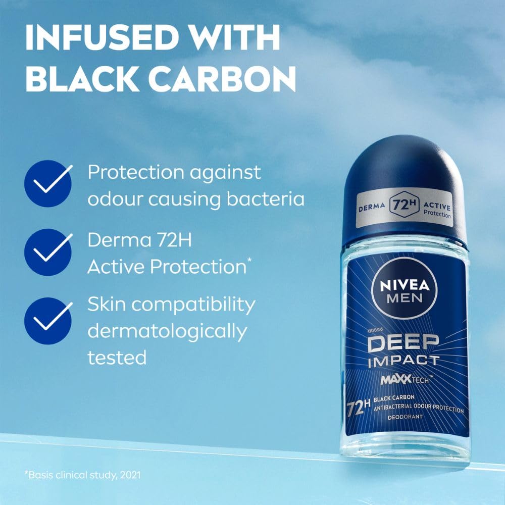 Nivea MEN Deep Impact Freshness Underarm Roll On Deodorant for Men with Black Carbon | 50ml