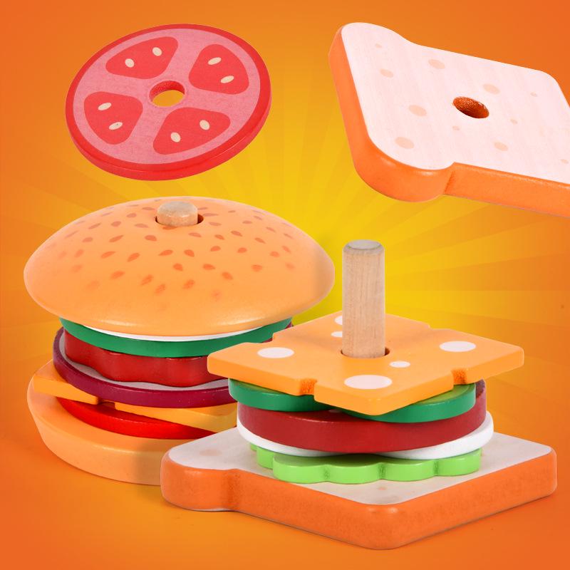 Wooden Play Food Set: French Fries, Hamburger, Bread & Pizza for Kids' Educational Role Play