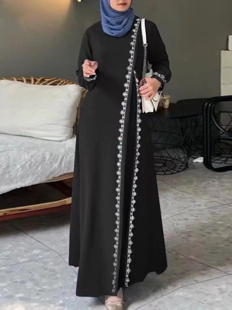 Muslim Women's Solid Color Lace Trim Casual Dress with Long Sleeves