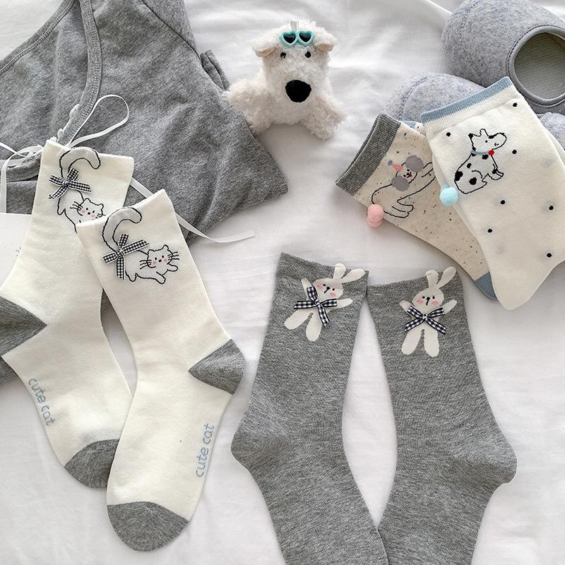 Summer Bow Cute Mid-tube Socks for Women 3D Cartoon Puppy Boneless Pile Socks Thin Mid-tube Socks