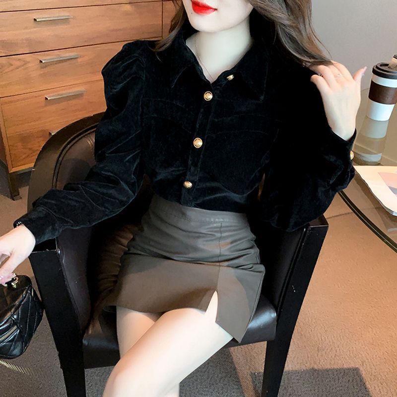 Women's Chic Black Velvet Puff Sleeve Top - Retro Court Style, Designer, Plus Velvet, Perfect for Autumn/Winter