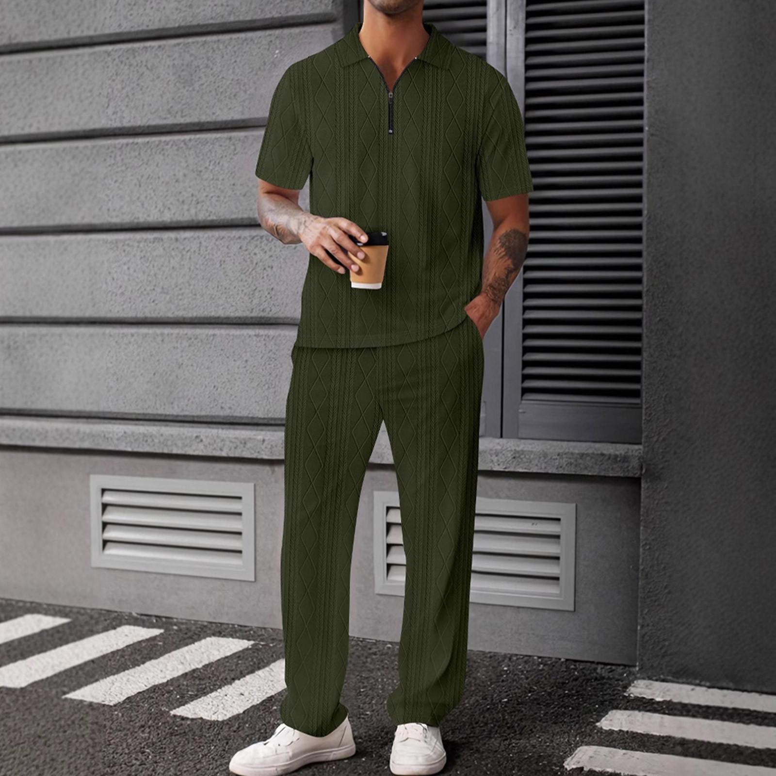 

Men s Solid Color Textured Short Sleeved Trousers Suit Casual Sports Short Sleeved Trousers Suit L армія зелений колір