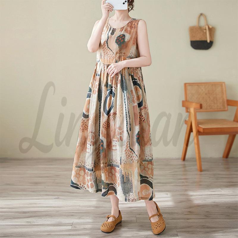 2026 Summer Artistic Retro Floral Slip Dress - Women s High-End Imitation Cotton Linen Skirt 2XL