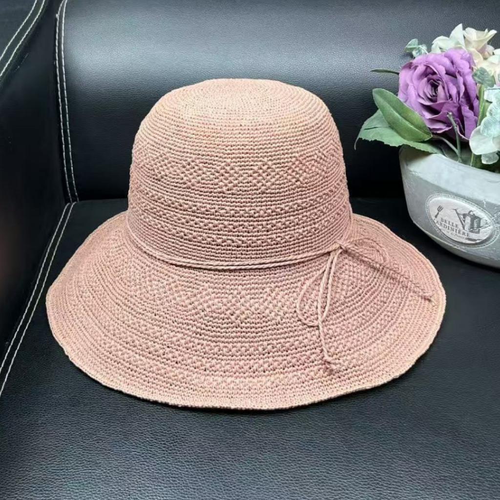 Extra Fine Travel Hand Hook Straw Hat Women's Summer Seaside Big Eaves Beach Hat Anti-ultraviolet Sunshade Bucket Hat Foldable