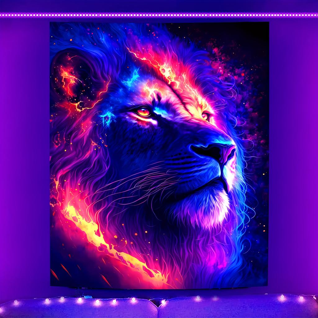 Lion Animal Fluorescent Tapestry Colorful Aesthetic Polyster UV Blacklight Tapestry, Wall Hanging For Living Room Bedroom Office Home Decor