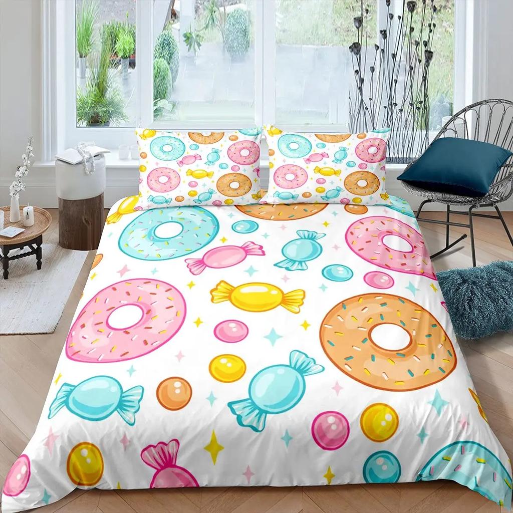 3D Chocolate Dessert Duvet Cover Set Bed Cover Food Candy Donut Cake Comforter Quilt Cover With Pillowcase For Kids Children Bed