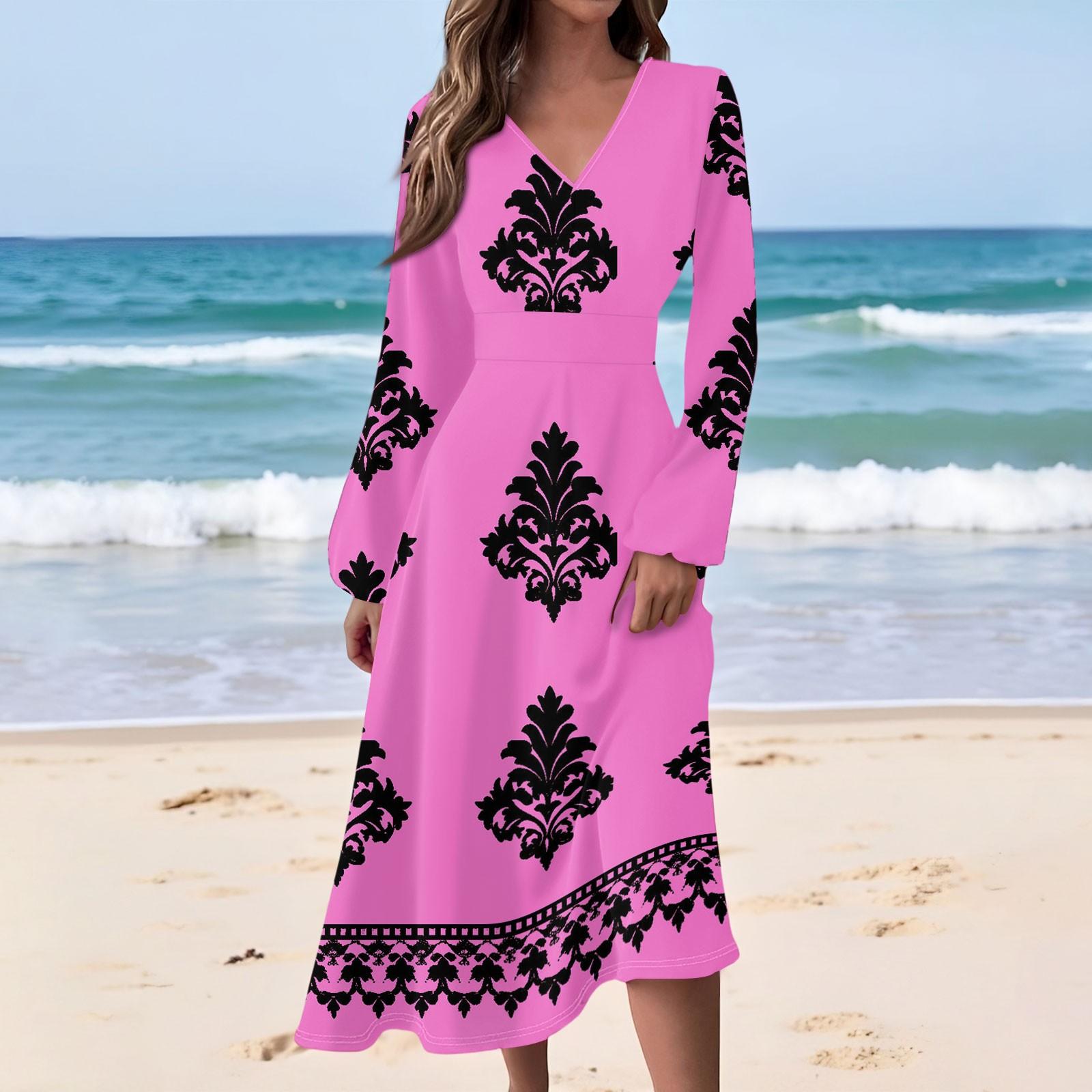 Women s Casual Vintage Print V Neck Long Sleeve Waist Cinched Flared Hem Long Dress Suitable for Daily Wear and Various Occasions M