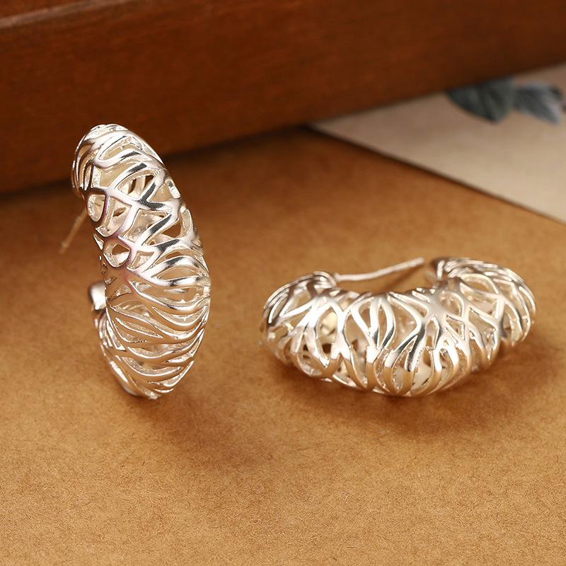 925 Sterling Silver Irregular Hollow Metal Woven Earrings – Women's Versatile Summer Ear Studs