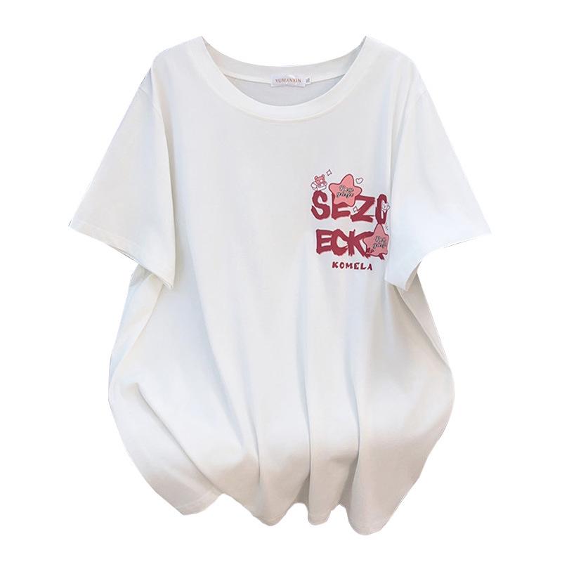 Women's Plus Size Loose-Fit Mid-Length Short-Sleeved Round Neck T-Shirt (660)