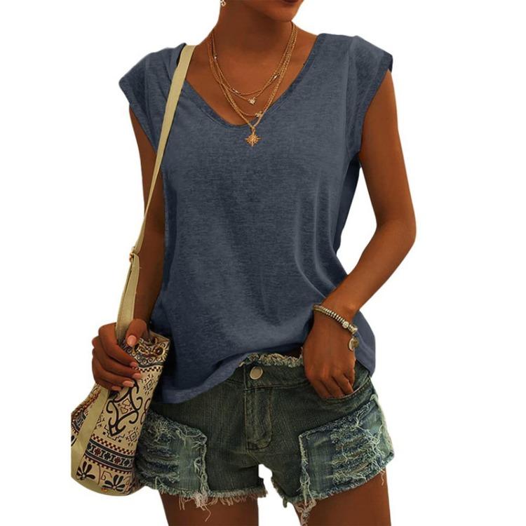 Women Fashion Casual V Neck Loose T-Shirt Solid Color Short Sleeve Top
