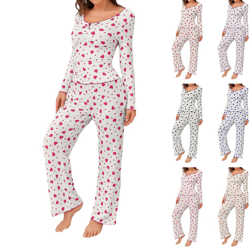 Women's Casual Love Long-sleeved Pajamas Two-piece Suit