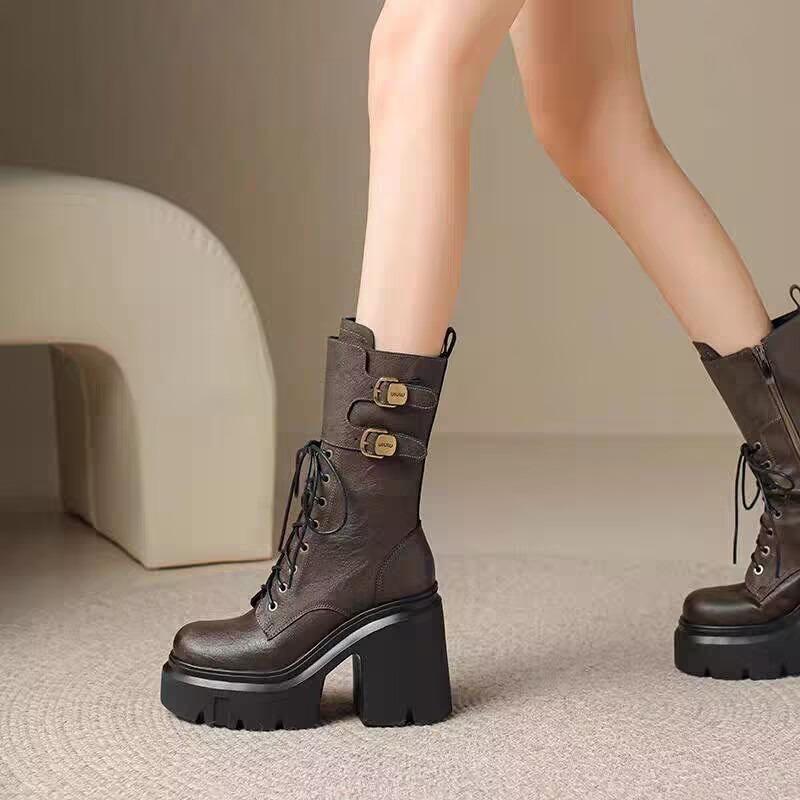 New Women'S Cowboy Boots Platform Boots Round Toe Thick Heel High Boots Belt Buckle Western Mid Calf
