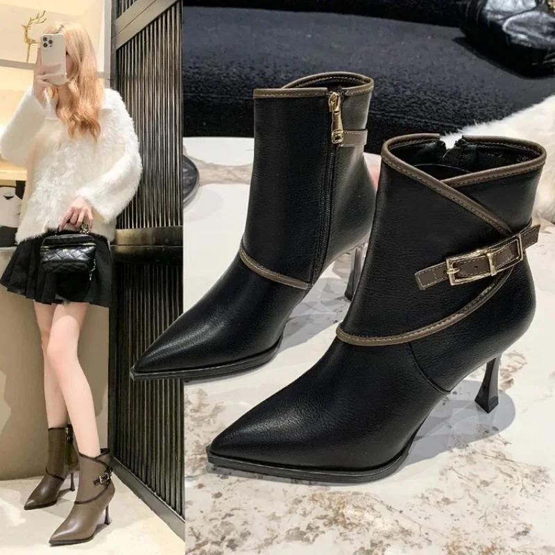 Autumn and Winter Vintage Fabric Splicing Pointed Side Zipper with Fine Heel Belt Buckle Fashion Short Boots for Women  34-40