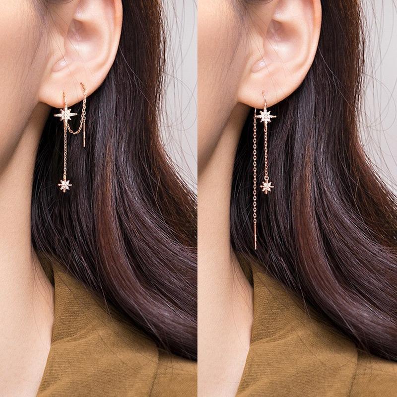 New 925 Silver Star Inlaid Zircon Earrings Ladies Temperament Long Tassel Earrings Simplicity Luxury Jewelry Silver Color Gifts