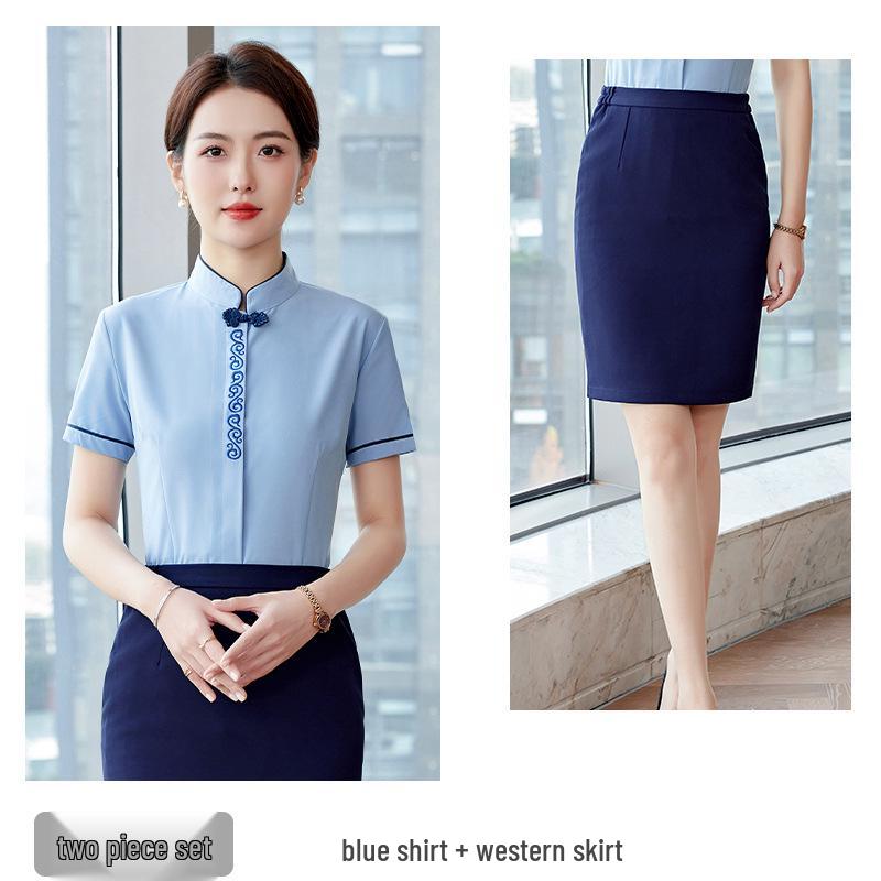 Elegant New Chinese Style Women's Professional Shirt Set - Receptionist Uniform Workwear
