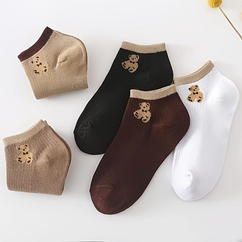 5 Pairs Women's Colorful Ankle Socks- Cartoon Brown Bear Design, Autumn/Winter Leisure Comfortable, Christmas Novelty Socks