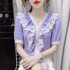 Blusa in Pizzo Scollo a V Moda Estiva Manica Corta a Volant T-shirt Donna Trendy Giovanile Top
