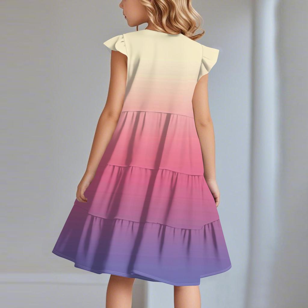 Summer Children's Dress Girls Print Gradient Casual Cute Round Neck Princess Dress