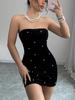 Women's Sexy Sleeveless Open Shoulder Bodycon Mini Dress with Pearl Detail