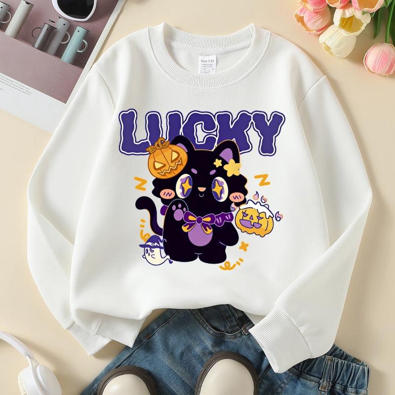 Kids Crewneck Sweatshirt, Halloween Black Cat Print, Soft Casual Pullover for Fall Winter