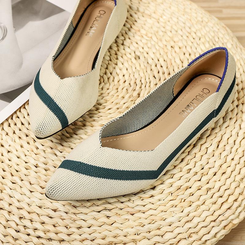 Pointed Fly-woven Shoes Flat-bottomed Breathable Woven Boat Shoes Leopard Print Light Mouth Striped Single Shoes Women