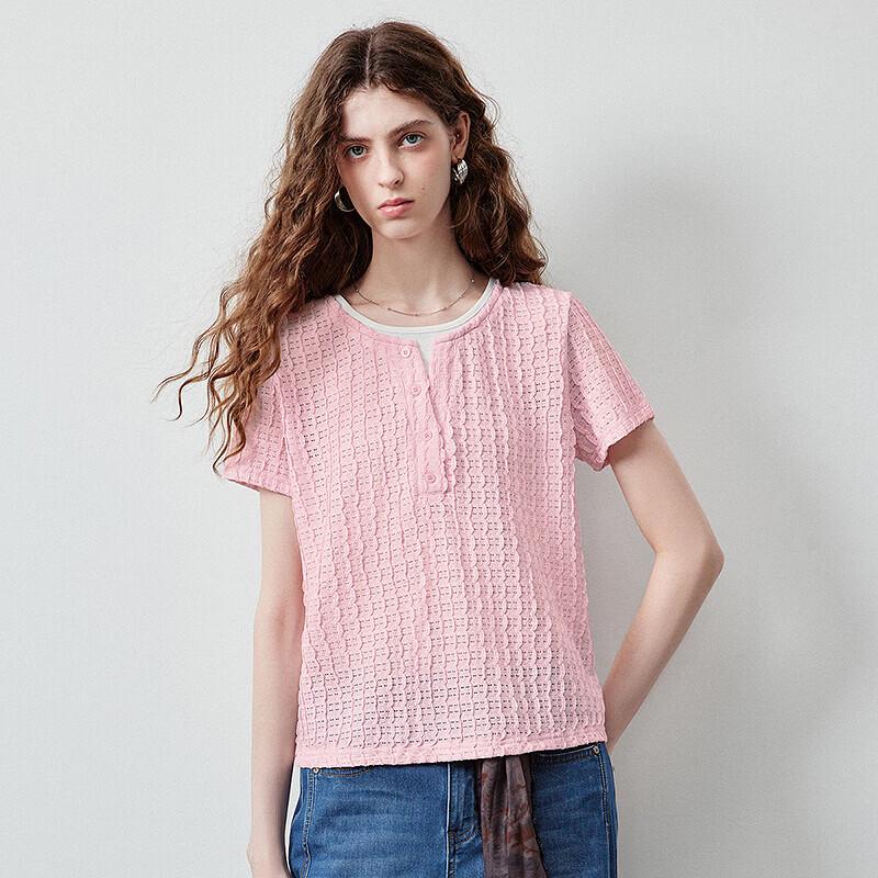 Women's Retro Color Block Henley Short Sleeve T-Shirt