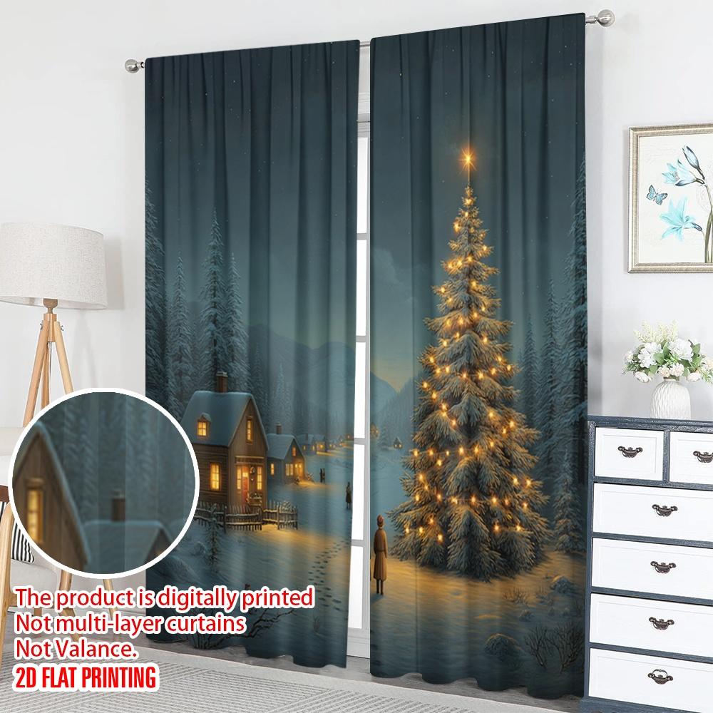 Set Of 2 Flat Printing Merry Christmas Trendy Curtains Cozy Winter Village Tree Digital Printed Polyester Drapes Spring Made
